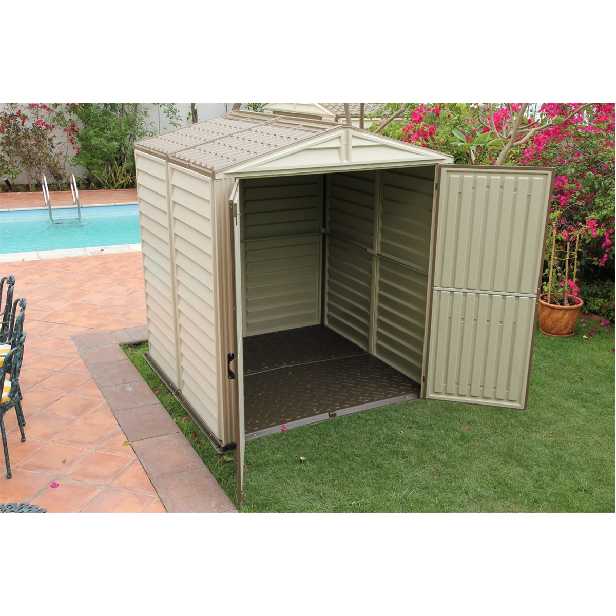 6 x 6 Select Duramax Plastic PVC Shed With Steel Frame Apex + Free