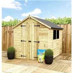 9 X 6  Super Saver Pressure Treated Tongue & Groove Apex Shed + Double Doors + Low Eaves + 2 Windows