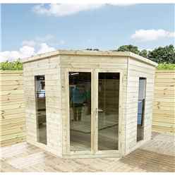 8 X 8 Corner Pressure Treated T&g Pent Summerhouse + Safety Toughened Glass + Euro Lock With Key + Super Strength Framing