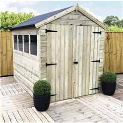 6 X 6 Premier Pressure Treated Tongue And Groove Apex Shed With Higher Eaves And Ridge Height 3 Windows And Double Doors + Safety Toughened Glass - 12mm Tongue And Groove Walls, Floor And Roof