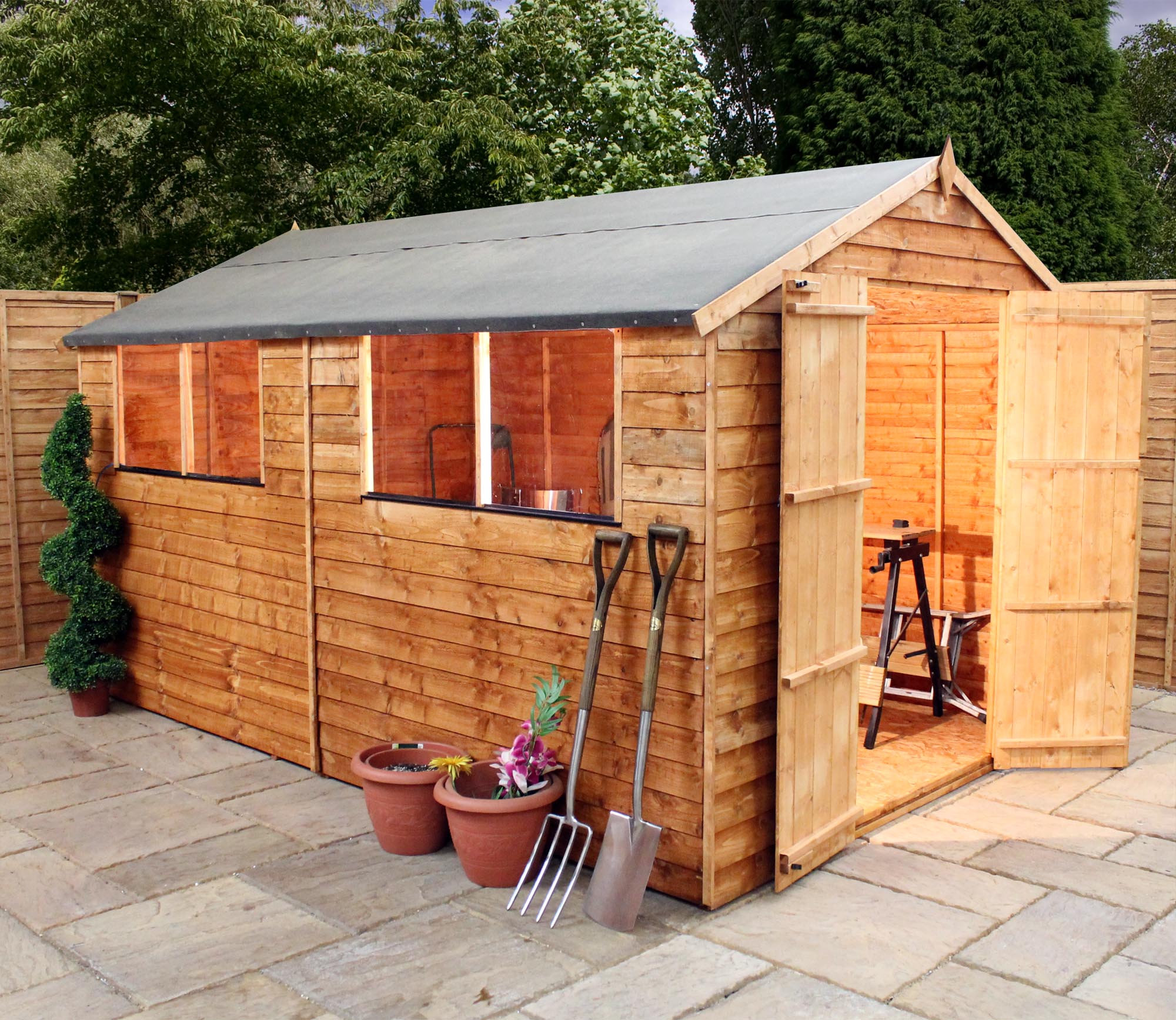 12 x 8 overlap apex shed with double doors + 4 windows
