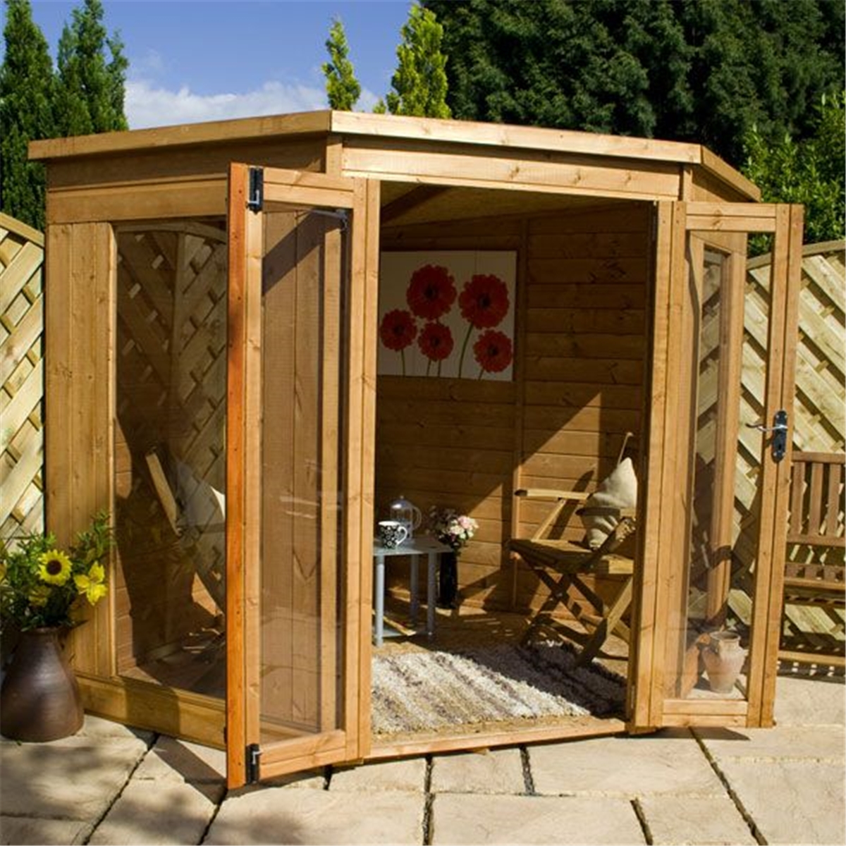 INSTALLED 7  x  7  Solis Corner Summerhouse 10mm Solid OSB 