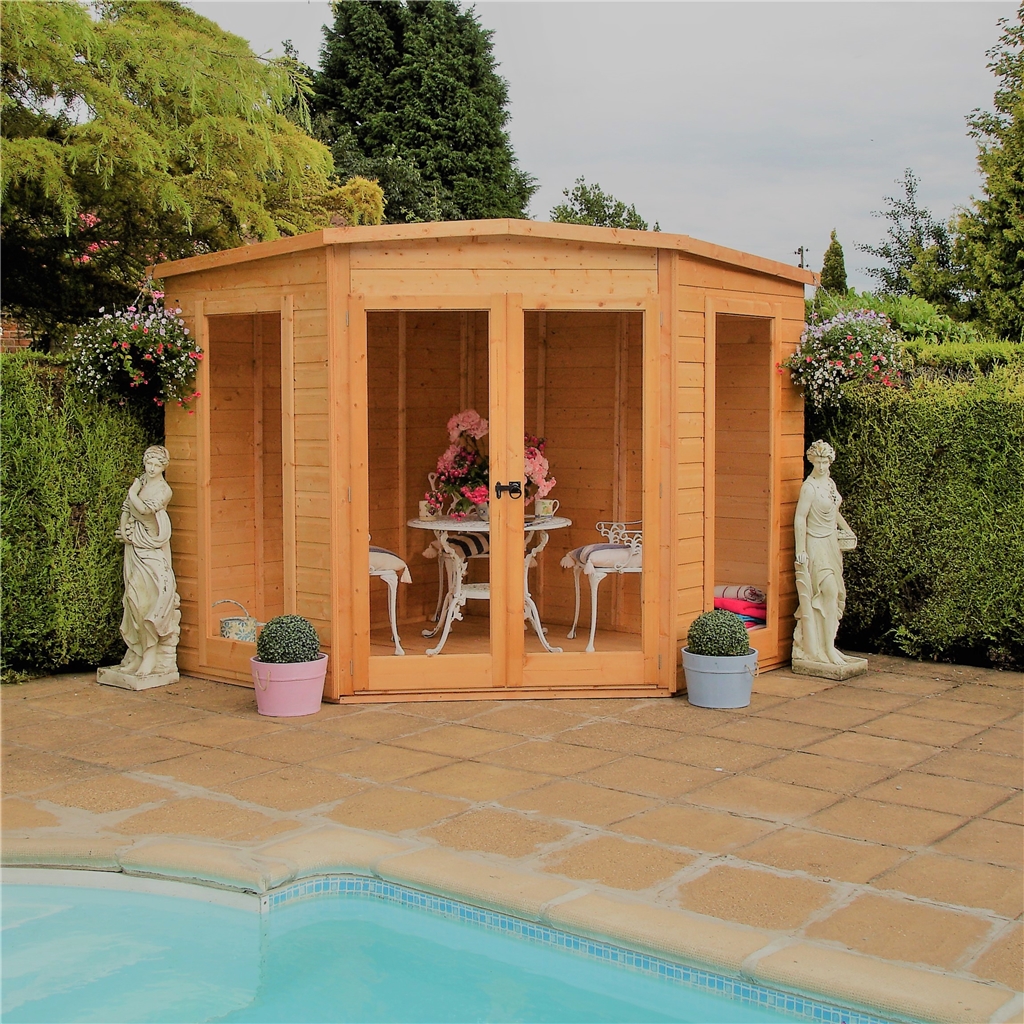 Installed 8 X 8 (2.25m X 2.25m) Premier Corner Wooden Summerhouse Double Doors Side Installed 8 X 8 (2.25m X 2.25m) Premier Corner Wooden Summerhouse Double Doors Side
