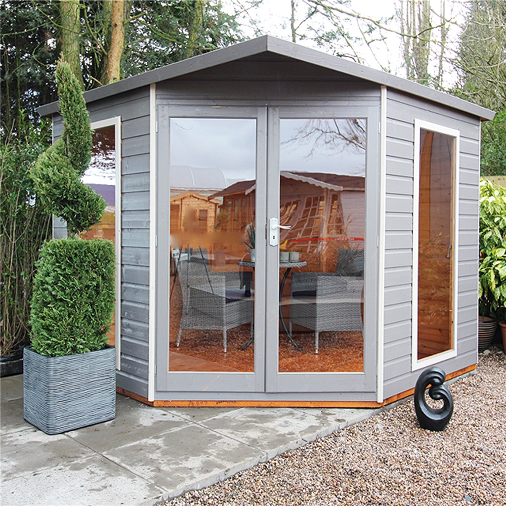 Installed 7 X 7 (2.16m X 2.16m) Premier Corner Wooden Summerhouse Double Doors Side Installed 7 X 7 (2.16m X 2.16m) Premier Corner Wooden Summerhouse Double Doors Side