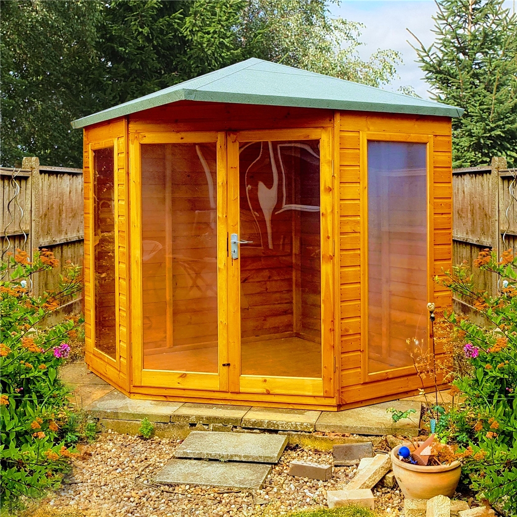 Installed 8 X 8 (2.5m X 2.5m) Premier Corner Wooden Summerhouse Double Doors Side Windows Installed 8 X 8 (2.5m X 2.5m) Premier Corner Wooden Summerhouse Double Doors Side Windows