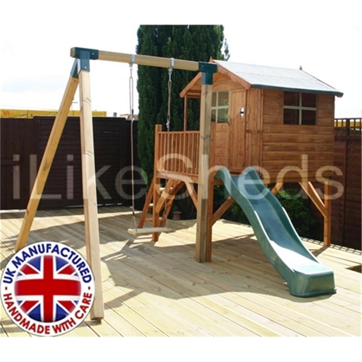 5 X 7 Wooden Tower Playhouse, With Slide And Swing ShedsFirst
