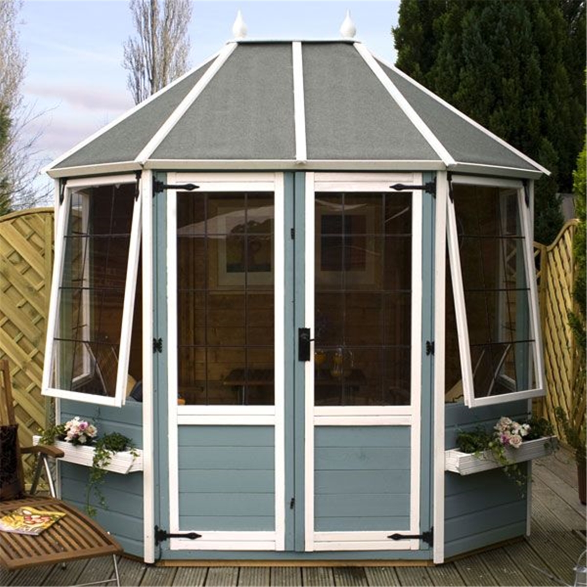 INSTALLED 20 x 10 Overlap Apex Workshop With Double Doors ... 8 x 6 Avon Octagonal Summerhouse (12mm Tongue and Groove ...