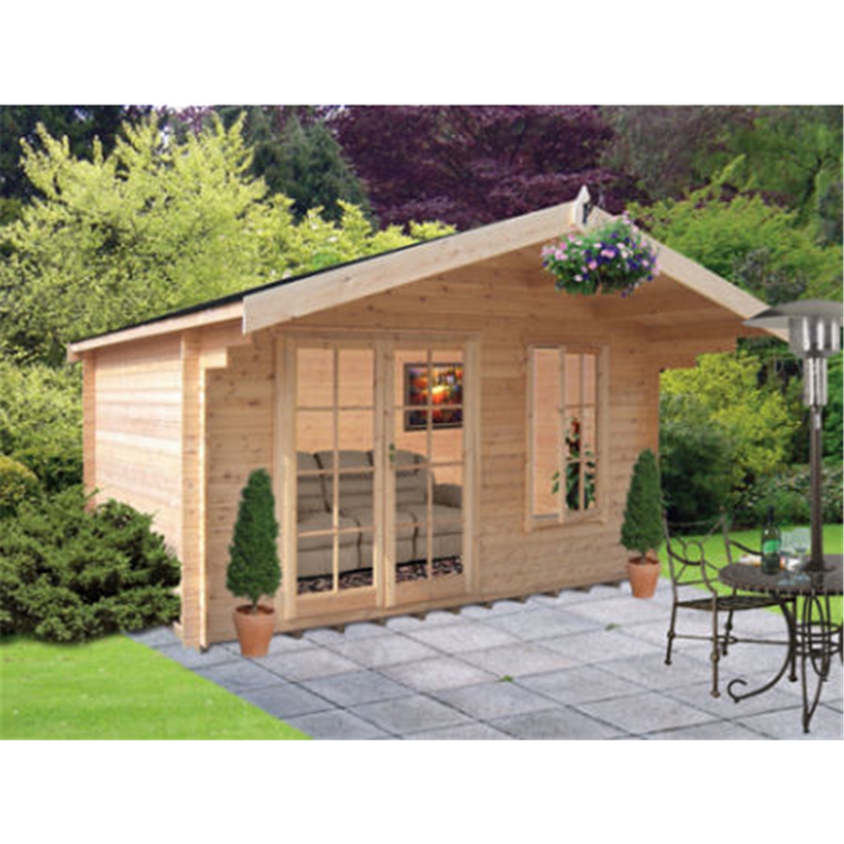 3.59m X 4.19m Log Cabin + Fully Glazed Double Doors 28mm Wall Thickness ShedsFirst