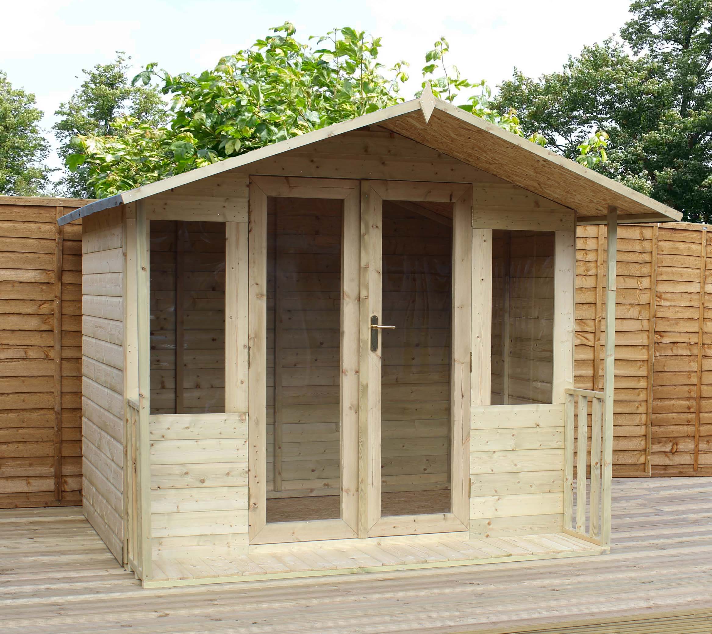 8 x 7 Pressure Treated Tongue And Groove Apex Summerhouse + Veranda