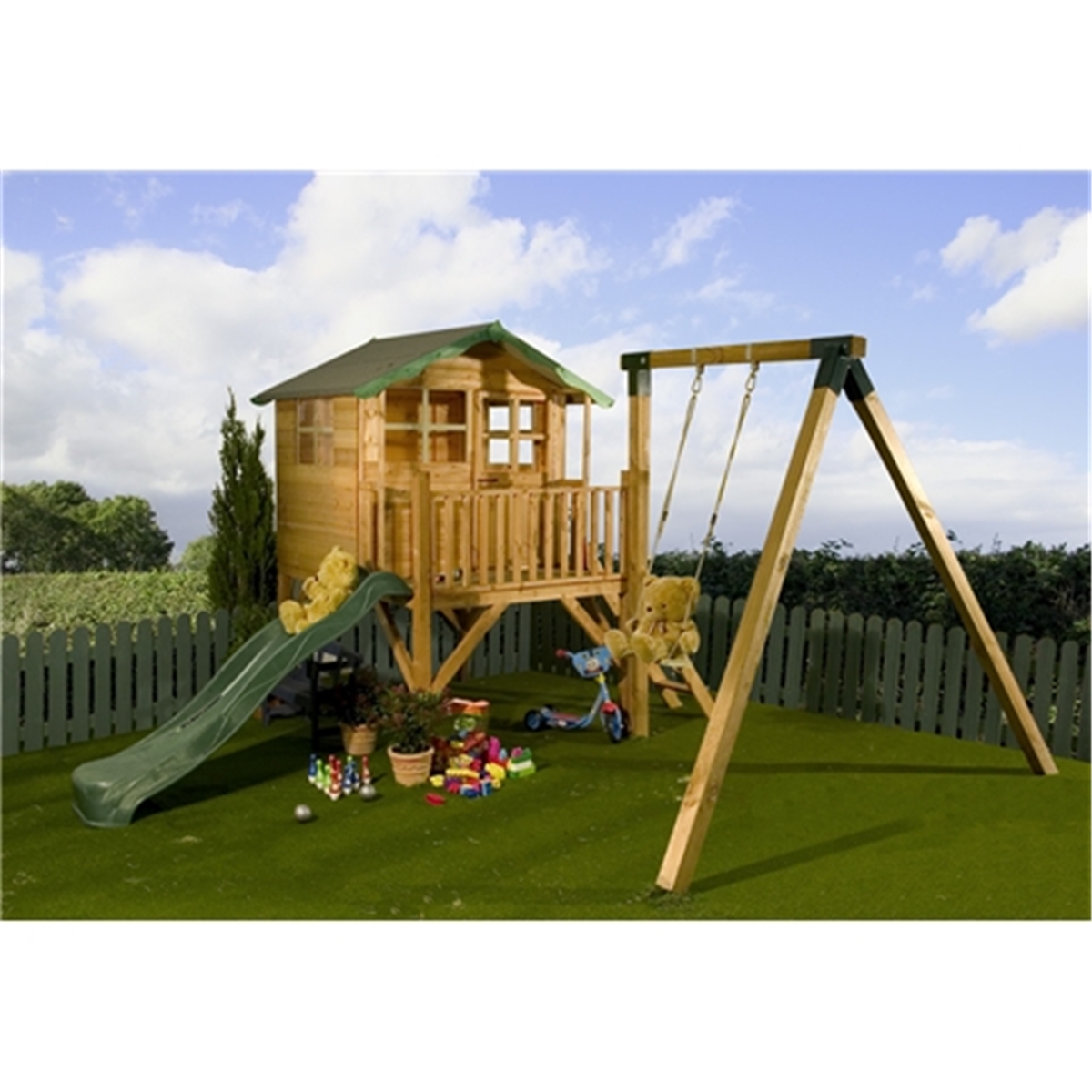 INSTALLED 5 x 7 Wooden Tower Playhouse, with Slide and Swing INCLUDES