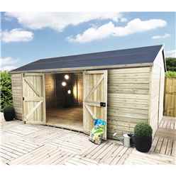 20 X 10 Windowless Reverse Premier Pressure Treated Tongue & Groove Apex Workshop With Higher Eaves & Ridge Height - Double Doors (12mm Tongue & Groove Walls, Floor & Roof) + Super Strength Framing