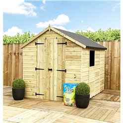7 X 7  Super Saver Pressure Treated Tongue & Groove Apex Shed + Double Doors + Low Eaves + 1 Window