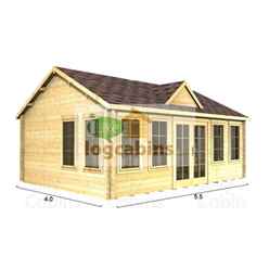 5.5m X 4.0m (18 X 13) Apex Reverse Log Cabin (4997) - Double Glazing + Double Doors - 44mm Wall Thickness