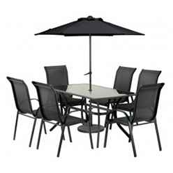 6 Seater Set - 8 Piece - Black Cayman Rounded Set With Free Parasol - Free Next Working Day Delivery (mon-Fri)