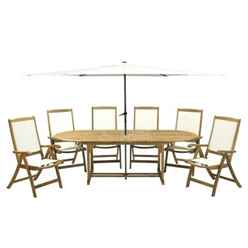 6 Seater - 8 Piece - Hampton Dining Set With Oval 2 Leaf Extension Table & 6 St Tropez Folding Armchairs & Parasol - Free Next Working Day Delivery (mon-Fri)
