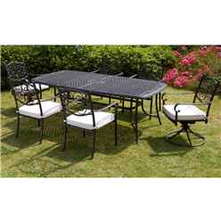 6 Seater - 7 Piece -Versailles Rectangular Swivel Set - 214 X 108cm Rectangular Table With 2 Swivel Chairs And 4 Stacking Chairs Incl. Cushions - Free Next Working Day Delivery (mon-Fri)