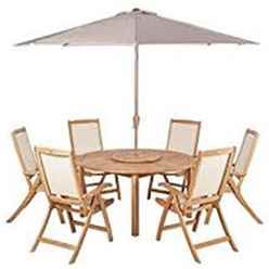 6 Seater - 7 Piece -Virginia Recliner Set With Ivory Parasol - Fsc Teak Virginia Round 150cm Fixed Legs Table & Lazy Susan With 6 St. Tropez Recliner Chairs And 3m Parasol